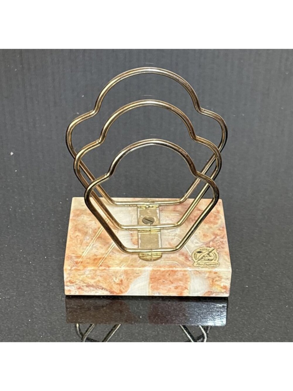 Vtg Pink Marble Brass Desk Letter Holder Mail Organizer Sorter MCM Paperweight